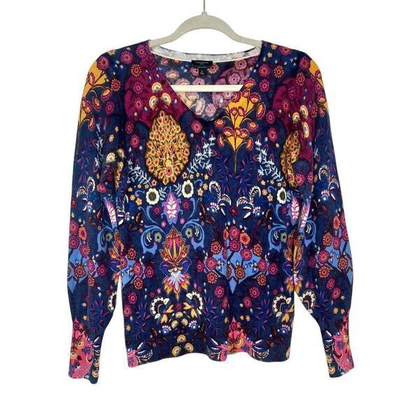 Talbots 100% Cashmere Sweater Floral Paisley Small P blue pink Women’s v Neck SP - Picture 1 of 14